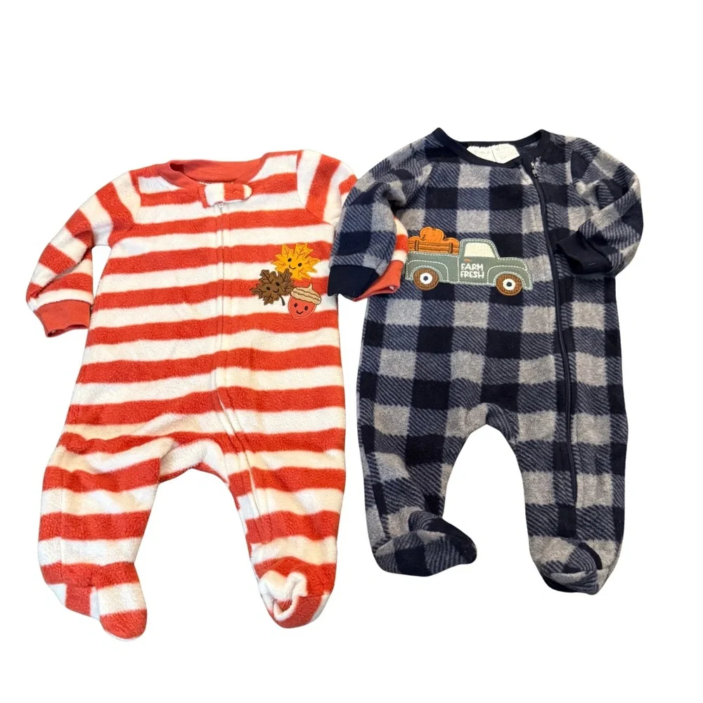 Fall Pumpkin Truck and Leaves Infant Fleece One Piece Footie‎ Sleepers Size 0/3